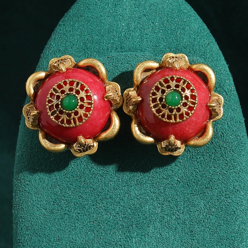 Vintage Round Red Natural Stone Stud Earrings For Women Jewelry Crystal Retro Antique 2025 Trend Classic Elegance New In Gift