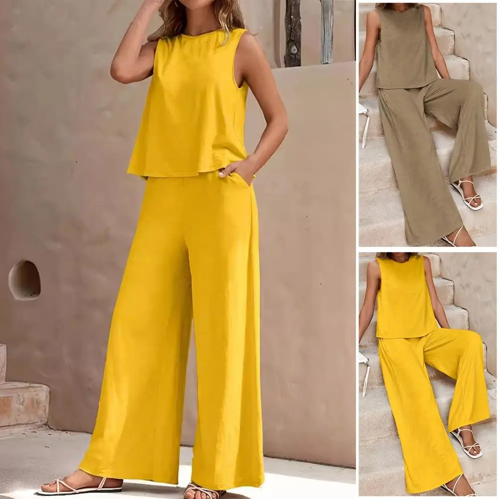 

Daily Wear Wide Leg Pants Versatile Women's 2-piece Set Sleeveless Loose Vest Wide Leg Pants with Side Pockets for Daily Wear