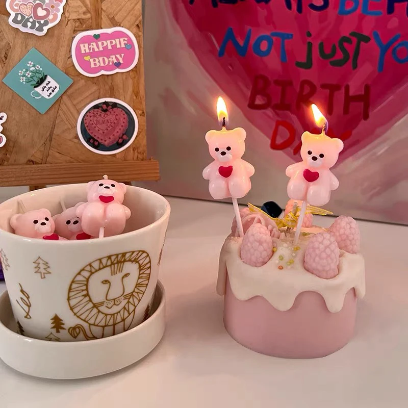 5 teile/satz Rosa Braun Cartoon Kleine Bär Geformt Kerze Geburtstag Urlaub Paar Party Kuchen Dekoration