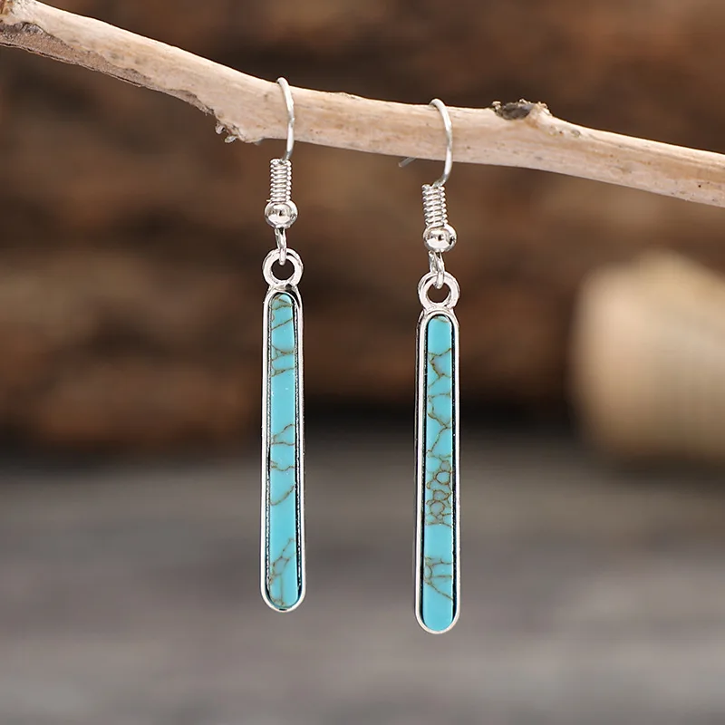 1 Pairs Long Vertical Bar Turquoise Dangle Earrings, Silver Metal Frame Natural Texture Western Drop Hook Earrings for Women