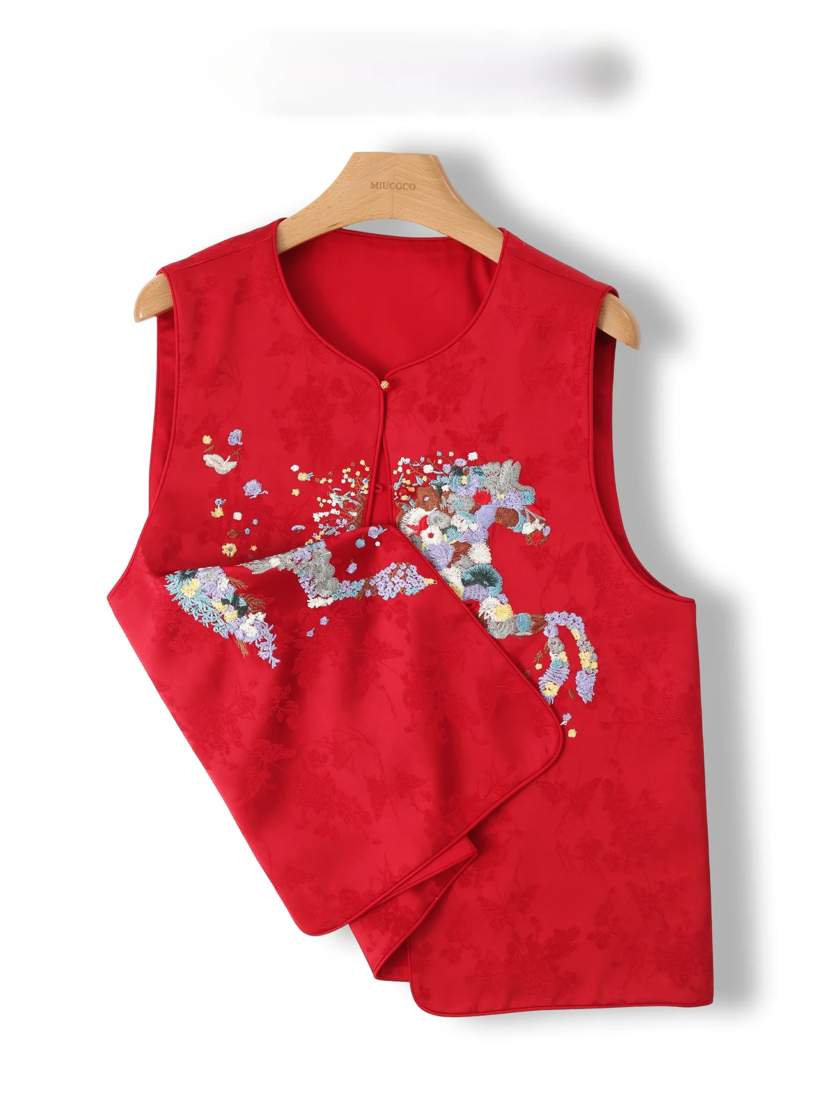 

Red Embroidered New Chinese Style Women's Jacket Vest Fashionable High-End Tang Costume Top Quality Satin Fabric round Neck
