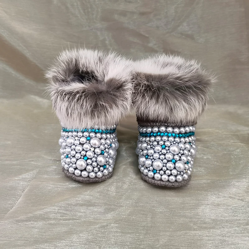 Doll bling Mama Daugther Baby benutzer definierte Perlen Stiefel personal isierte handgemachte Luxus Pelz Säugling Elfenbein Perlen bling Winter