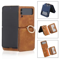 For Samsung Z Flip 5 4 3 Leather Protective Cover Ring Holder with Chain Galaxy  Z Flip3 Flip4 Anti-fall Case with Card Storage