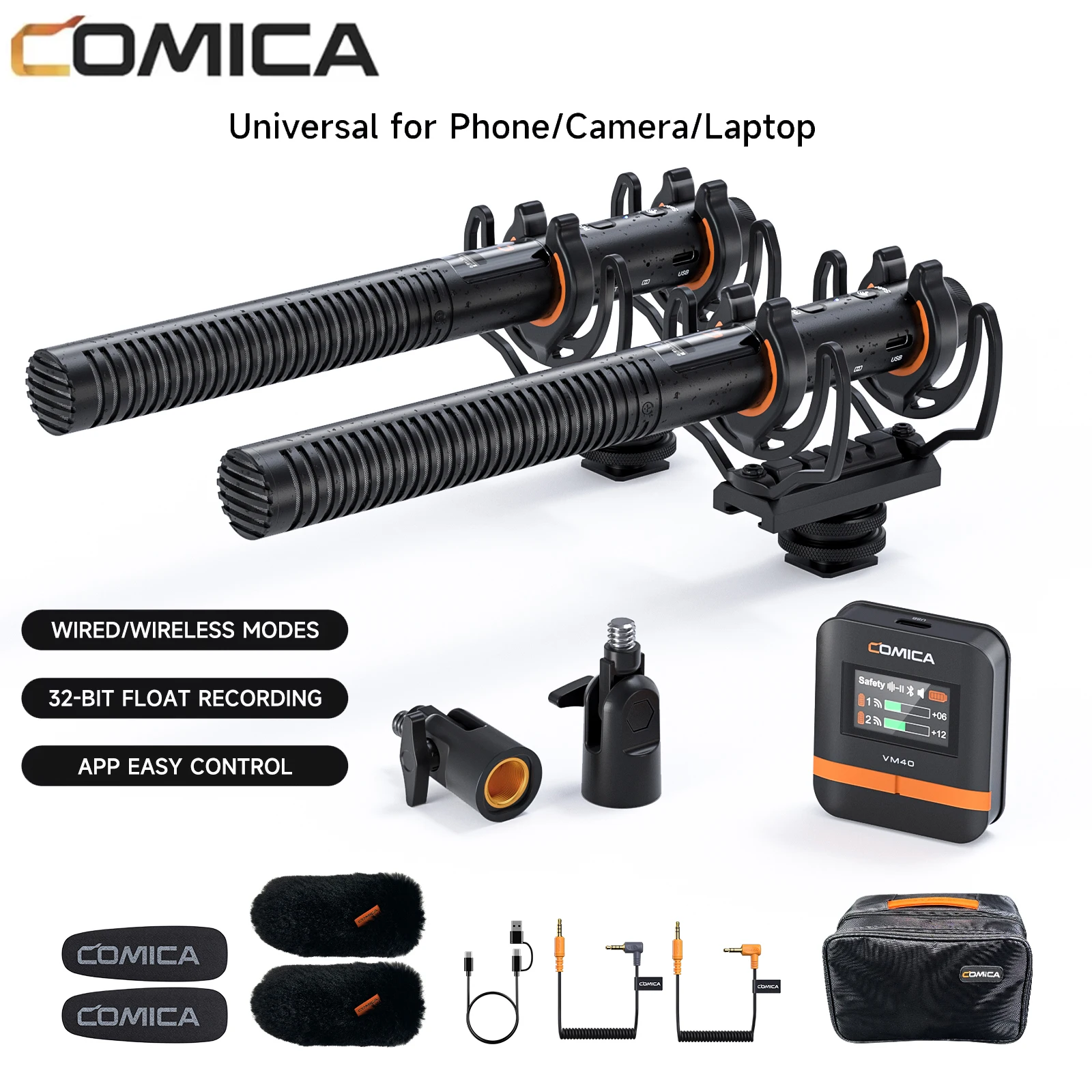 Comica VM40 2.4G supercardioïde tweekanaals draadloze shotgun-microfoon, bedrade en draadloze dubbele modi, voor camera/smartphone/pc - afbeelding 2