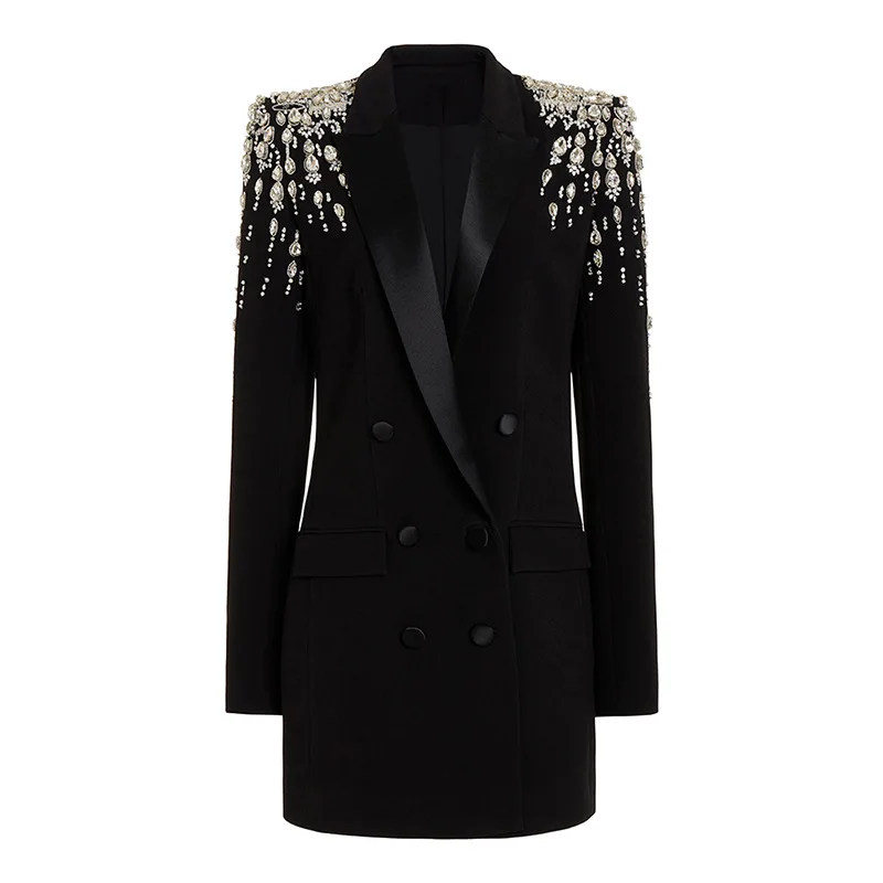 New 2024 Spring Blazer Jacket Women High Quality Beaded Jackets Diamond Elegant Slim Long Sleeved Suit Double Breasted Pockets