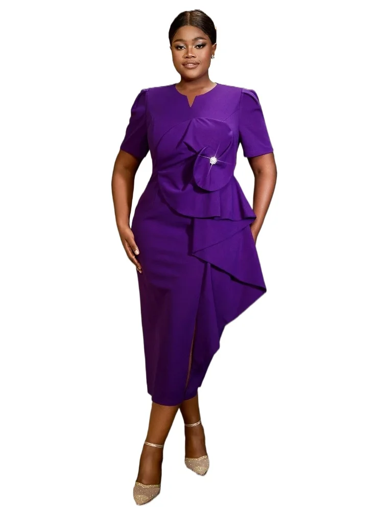 

Elegant Purple Vintage Midi Dress with Short Sleeves Ruffled Overlay V Neck for Women Ideal for Formal Occasions or Dinner Party