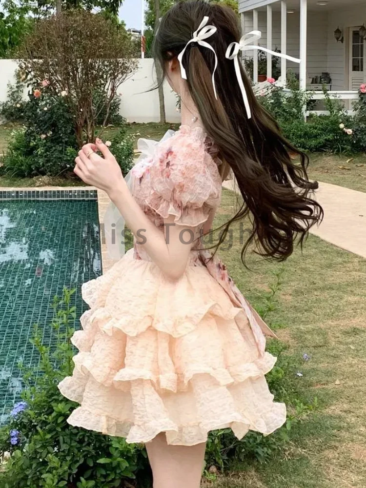 Summer Party Mini Dress Women New Flower Bow Lolita Sweet Dress Female Korean High Waist Short Sleeves Cake Fairy Dress 2024