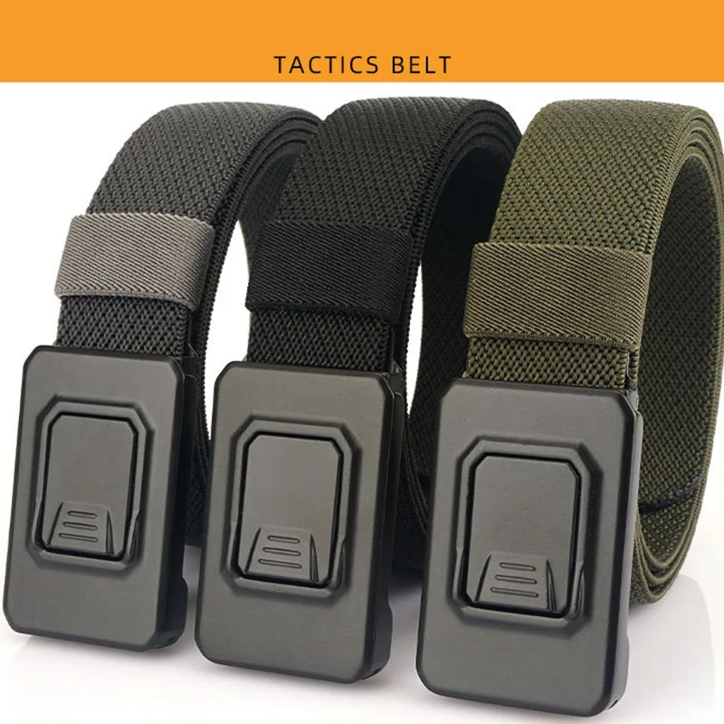 New Tactical Aluminum Alloy Casual Buckle Belt Fashionable Commuter Men's And Women's Military Hunting Woven Elastic Belt Black