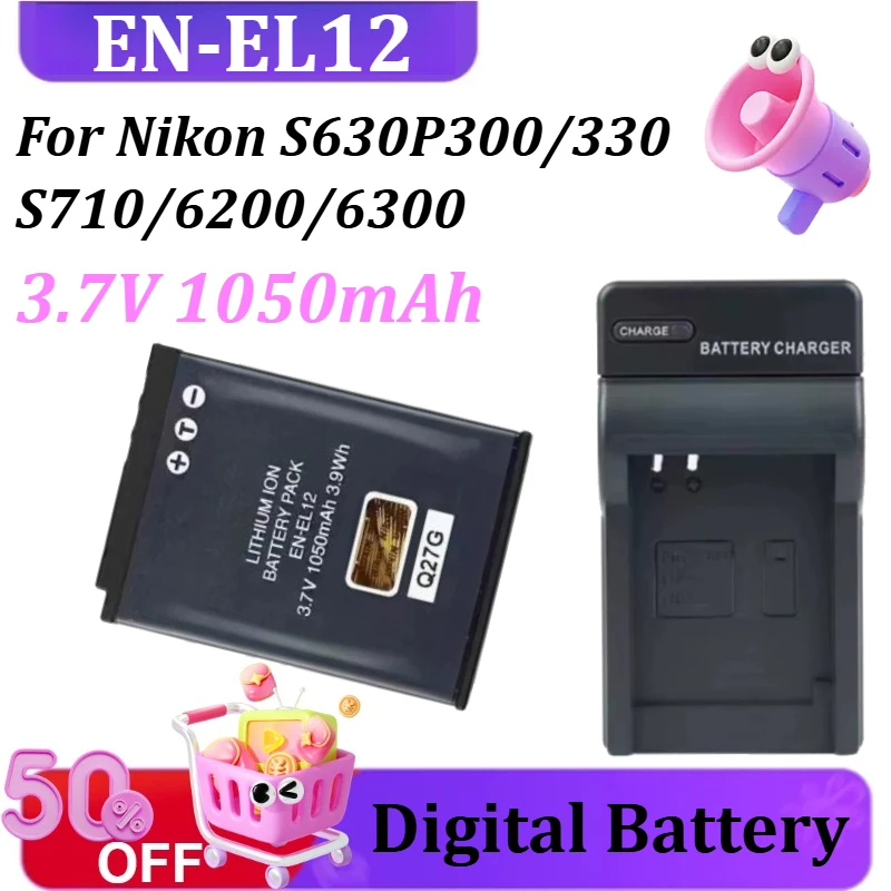 

EN-EL12 ENEL12 3.7V 1050mAh Battery + Charger for Nikon Coolpix S630P300/330 S710/6200/6300 Digital Batteries