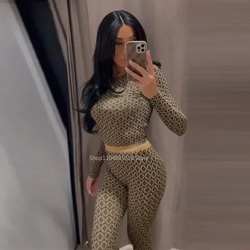 

Fashion Slim Print Pants Sets Women Y2K O-neck Long Sleeve Top Stretch Hip Package Pencil Trousers 2025 Spring Sexy Lady Suits