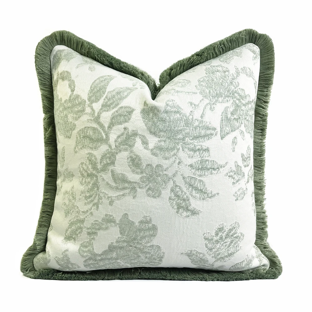 American Floral Chenille Jacquard Woven Pillow Case 45x45cm Fringe Soft Heavy Warm Sofa Cushion Cover Light Green 1 Pc Set