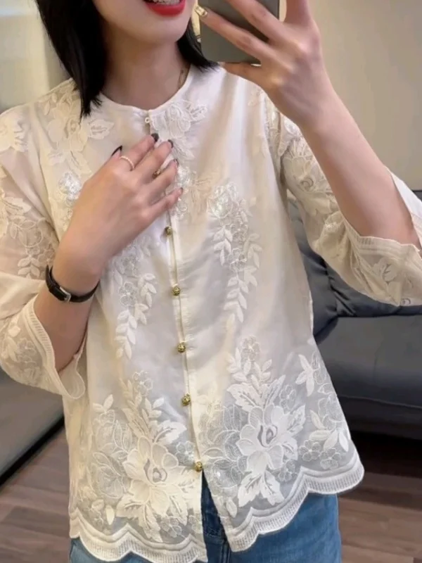 

Новая женская блузка в китайском стиле с вышивкой и кружевом, весна 2026, модная, уникальная, красивая, прямого кроя, с длинным рукавом