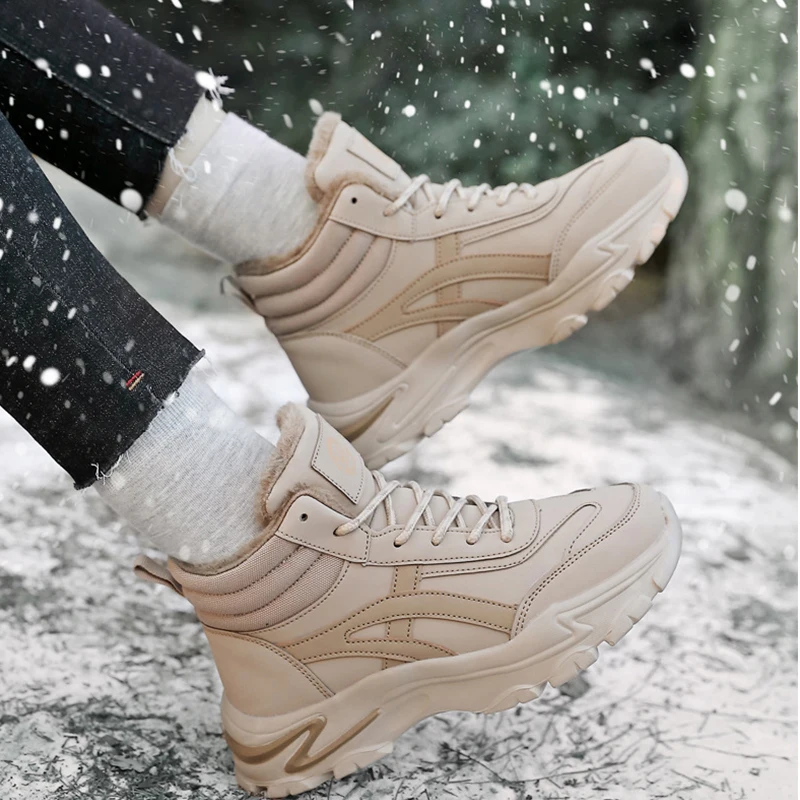 High-Top Sports Shoes Outdoor Winter Snow Boots Women 2024 Casual Walking Shoes Beige Large Size Shoes Thick Sole Ankle Boots