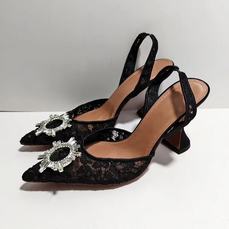 

Summer High Heels Shoes Woman Pointed Toe Rhinestone Sun Flower Wedding Shoes Mesh Hollow Outs Cup Heels Pumps Sandals Women