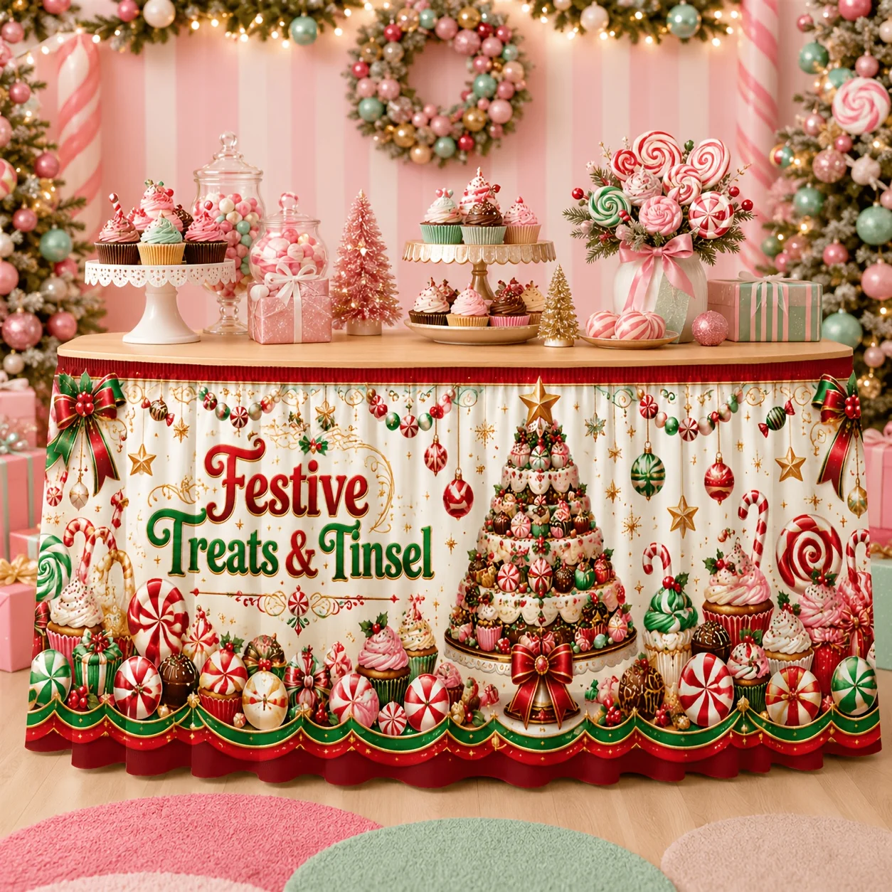 1 tablecloth table skirt, Christmas Day dessert candy cane cupcake decoration bow holly border print decoration