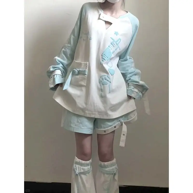 Kawii لطيف الكرتون المطبوعة تيز المرأة طويلة الأكمام هوديي المرأة الخريف فضفاض الأزرق اللون سترة القمم 2025 موضة جديدة معطف الإناث