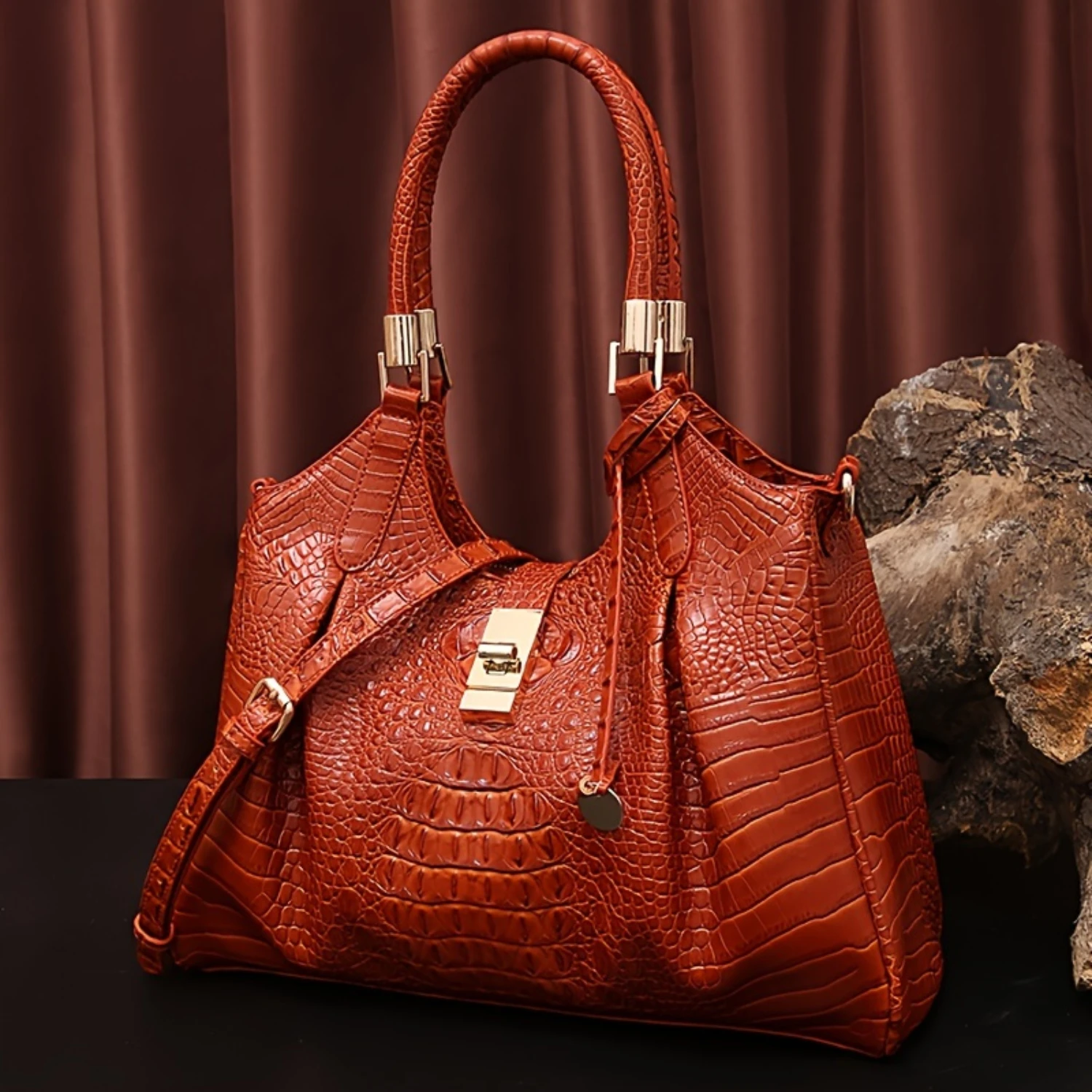 Large Capacity Crocodile Pattern Tote Bag - Elegant Vintage Handbag