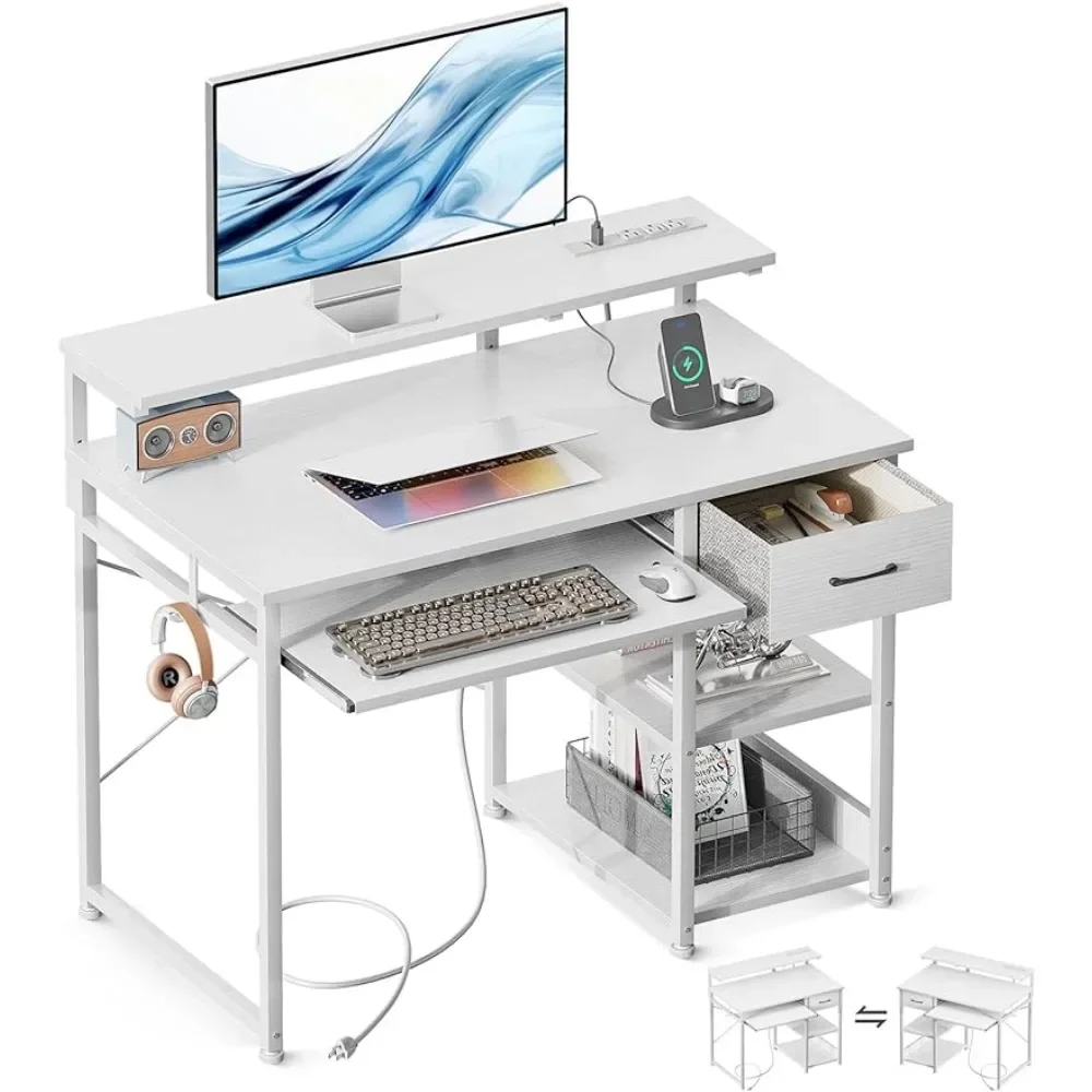 Reversible Desk With Adjustable Monitor Shelf and Storage Shelf for Home Study Table With Drawer and Keyboard Tray White Office