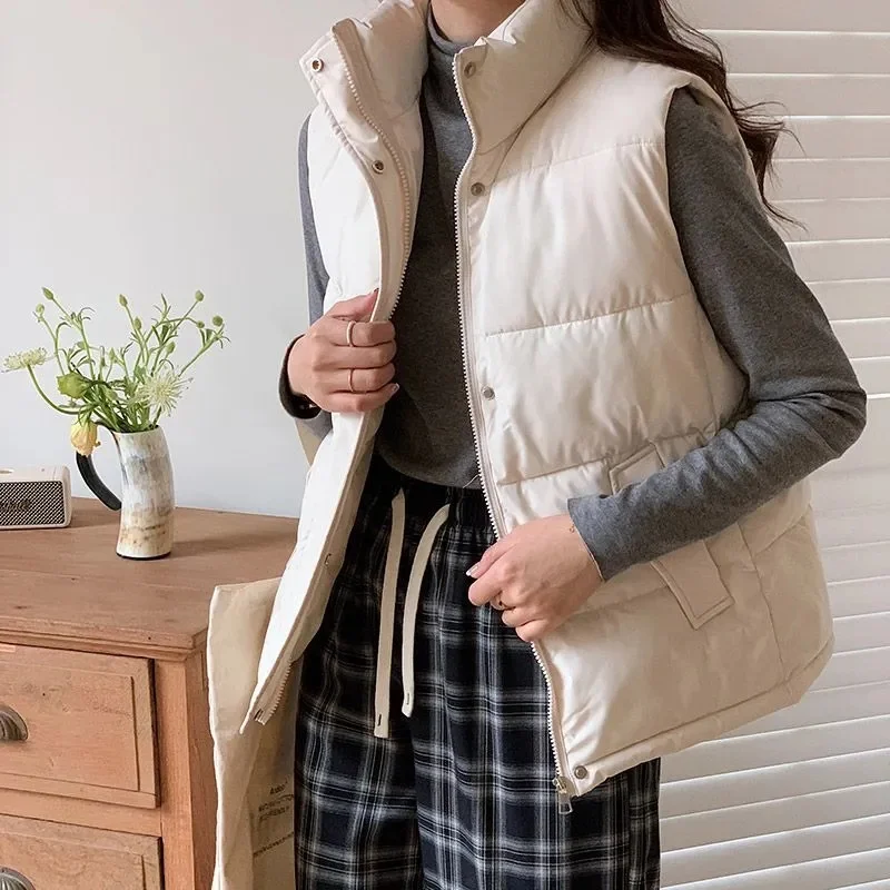 2024 New Autumn Winter Loose Vest Women Jacket Stand Neck Puffer Cotton Vest Warm Sleeveless Waistcoat Female Outerwear