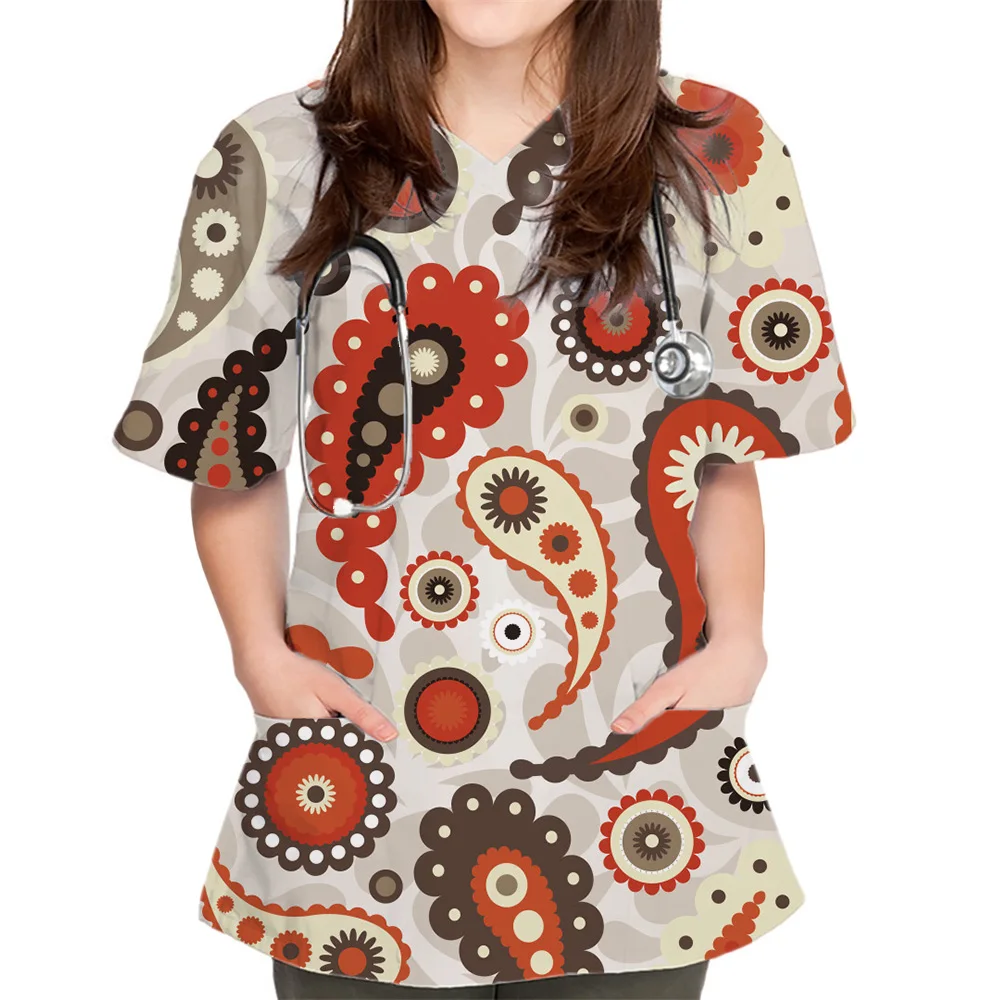 Uniformes chirurgicaux femme mode imprimé fleuri vétérinaire uniformes chirurgicaux col en v à manches courtes hauts Pet Medico gommages chirurgicaux pour femmes