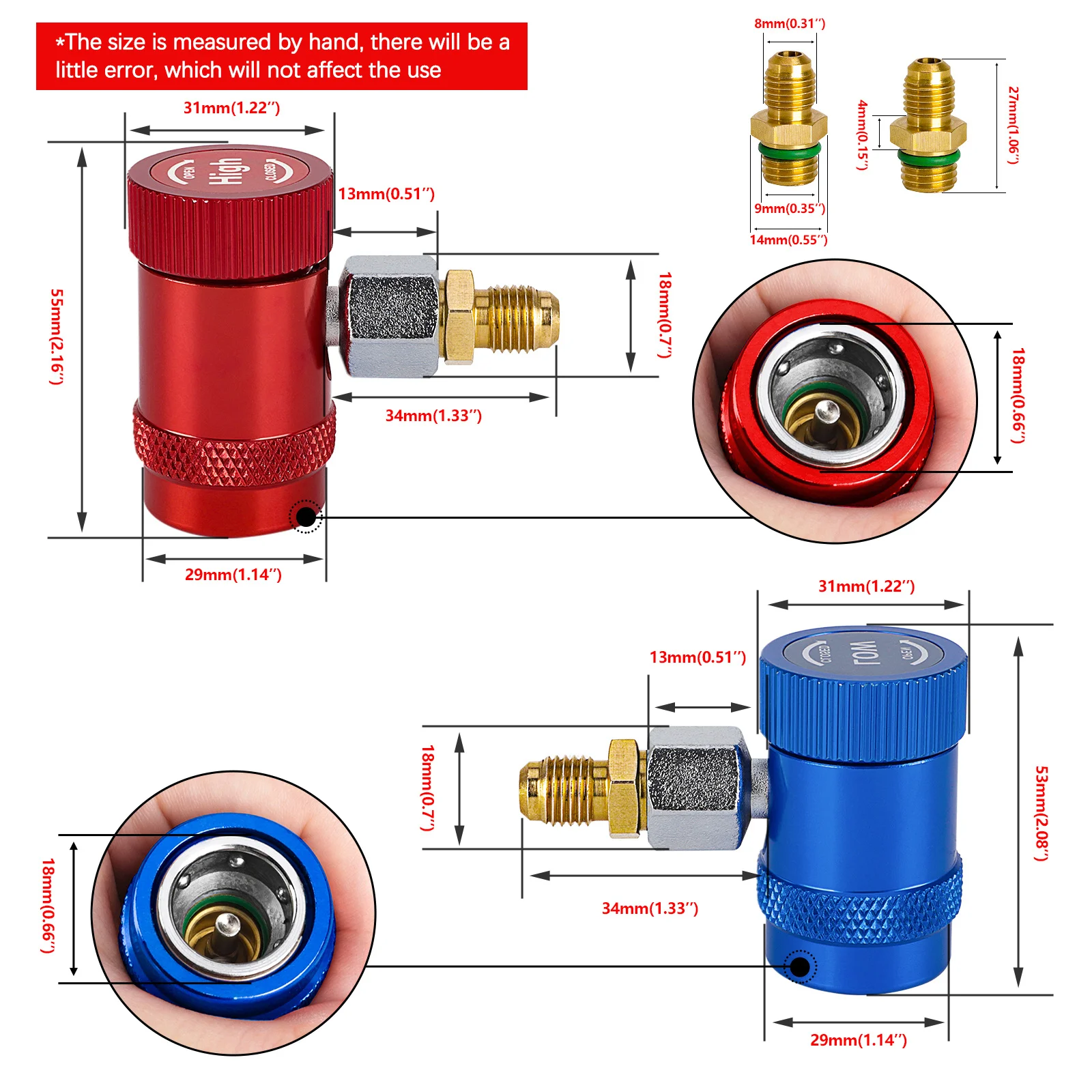 R1234yf 2Pcs Car AC Auto Quick Couplers Adapters  High / Low Side Conversion Kit With Manual Couplers R1234YF