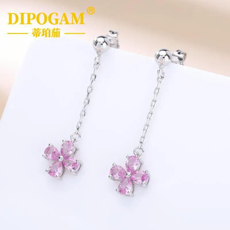 

925 Sterling Silver Pear Cut Four-leaf Drop Earrings Lab Created Pink Diamond Dainty Chain Tassel Elegant Fine Jewelry For Women