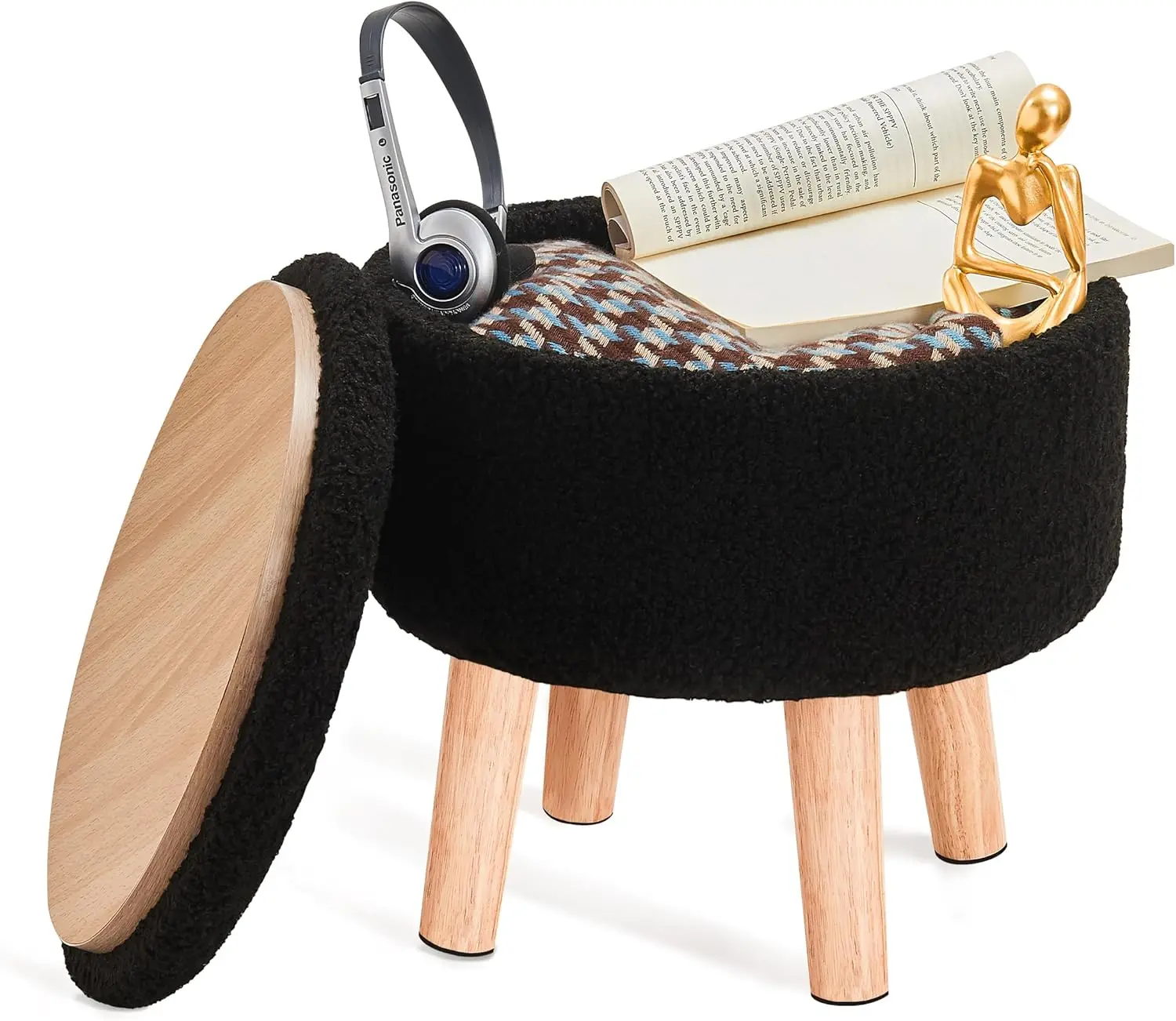 

Ottoman With Storage, Small Round Storage Ottoman, Small Foot Stool With Wood Legs, Teddy Velvet Foot Rest For Couch, Living