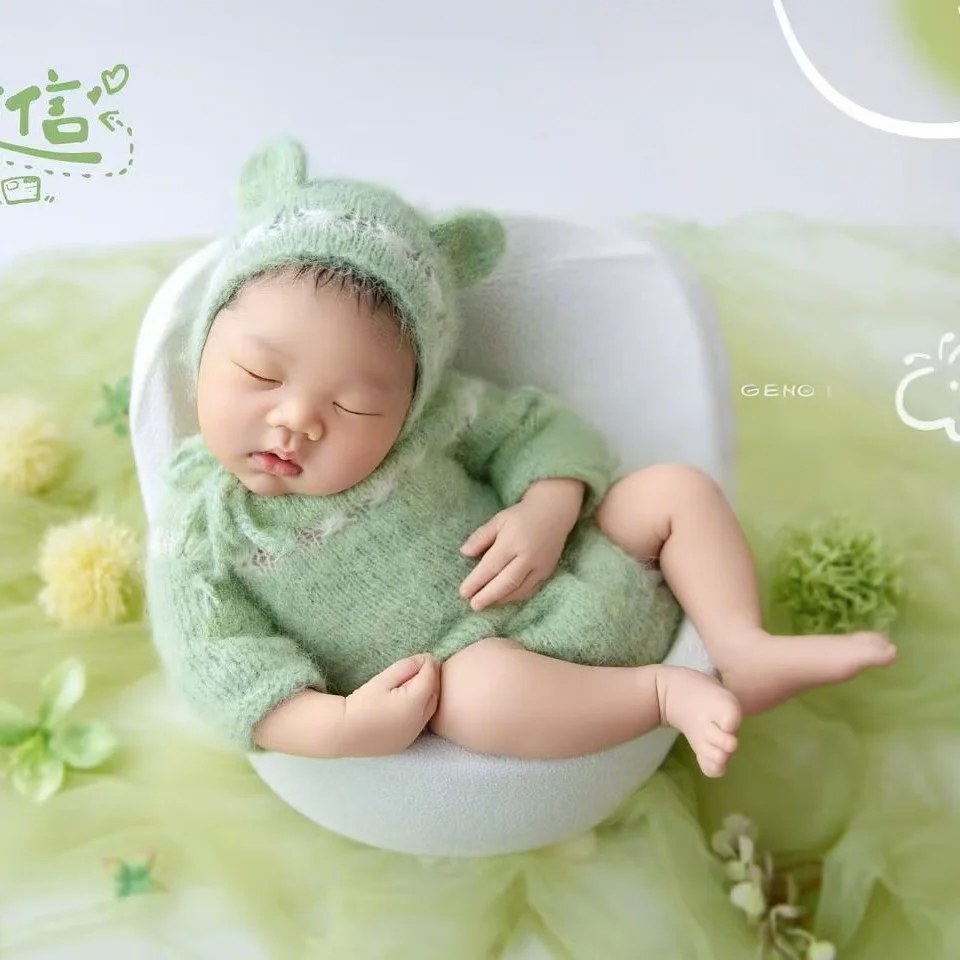 Newborn Photography Props Green Knitted Outfit with Hat Ballons Decor Accessories Wrap Blanket for Studio Photoshoot Props
