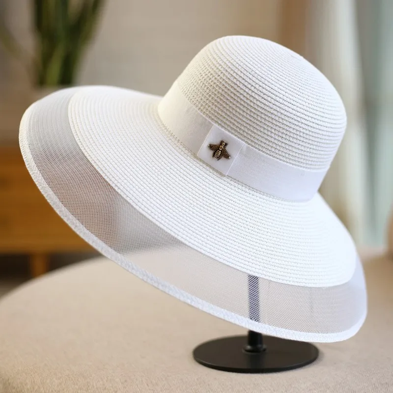 Hepburn style elegant mesh hat women's wide-brimmed foldable