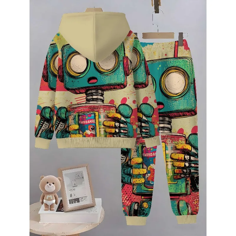2025 Moda 3D Instrumento de guitarra digital Robot de dibujos animados Conjunto de pantalones con capucha impresos de moda