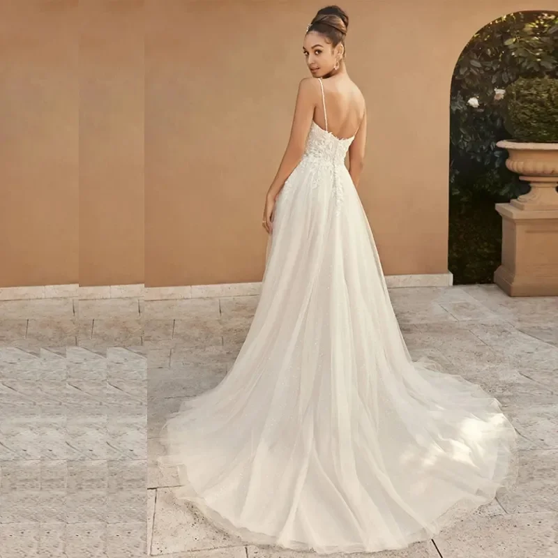 Luxury Bohemian A-Line Decal Beach Wedding Dress Spaghetti Strap Sexy Sweetheart backless side slit Bridal dress New 2024