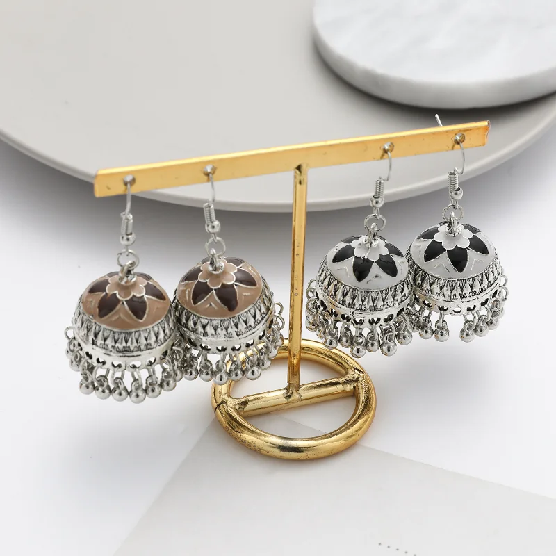 Antique Oil Dripping Alloy Bell Earrings Hangers Women Jhumka Bohemian Ethnic Silver Color Earrings India Jewelry Pendientes