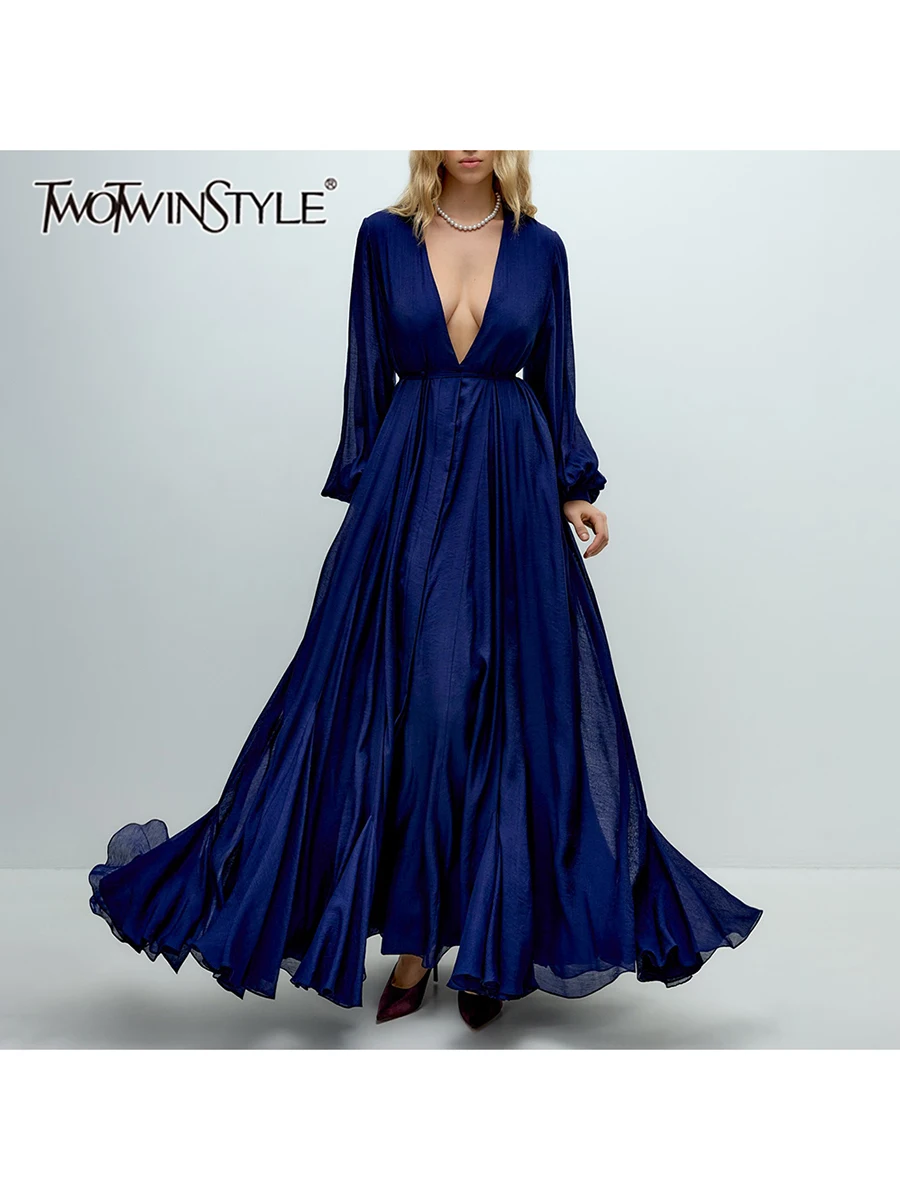 Twotwinstyle ソリッドシアースプライシングひだセクシーなドレス女性のための v ネック長袖ハイウエスト気質ドレス女性服