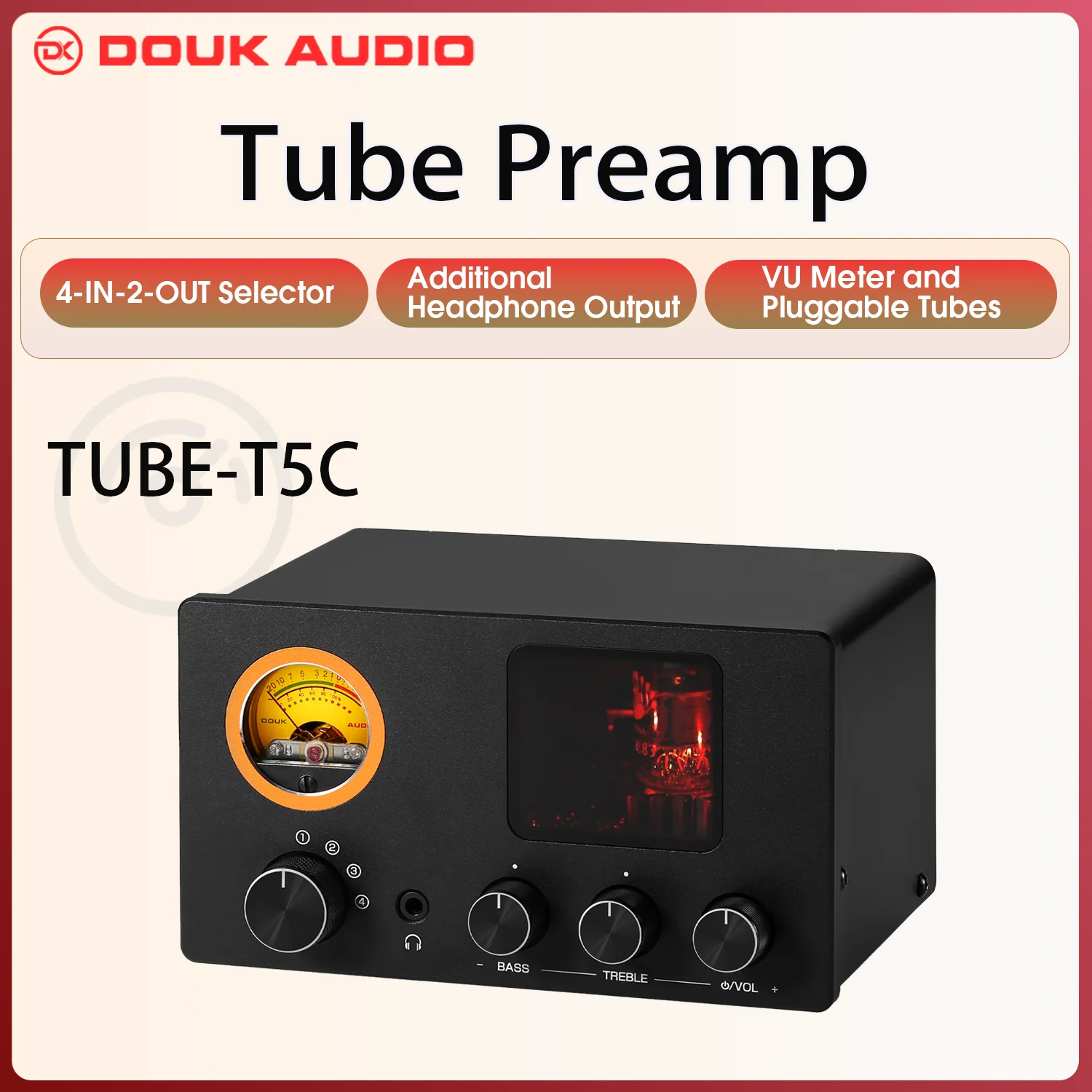 Douk Audio TUBE-T5C صمام ستيريو أنبوب المضخم صغير 4-Way مقسم صوت محدد الصوت سماعة أمبير مع VU متر