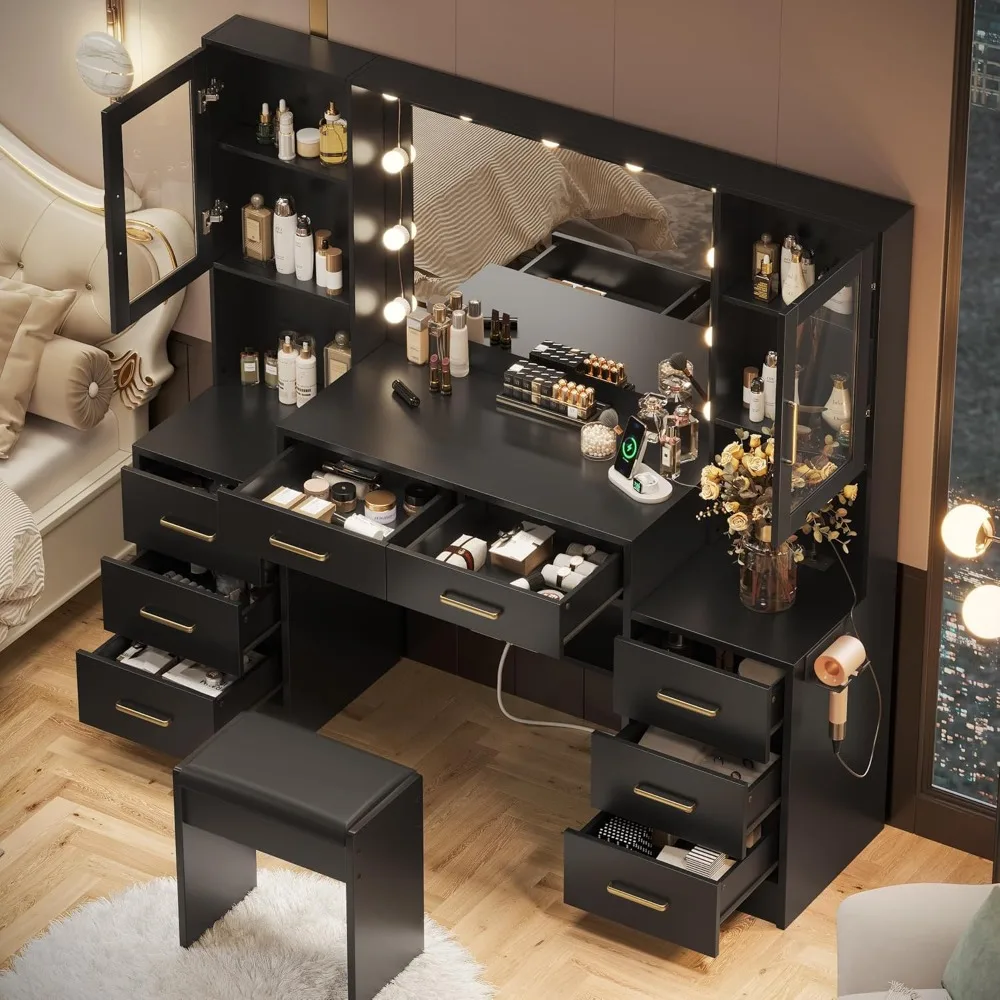 Makeup Vanity Desk with Mirror, 58.3" Makeup Vanity with Lights & Charging Station, Dressing Table Vanities with Cushioned Stool image 2