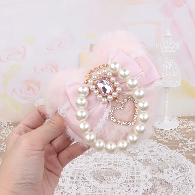 Adorno de bolso romántico, llavero de perlas de corazón de felpa, llavero de decoración para bolso, colgante de bolso dulce Ita, llavero de accesorios de lazo hecho a mano