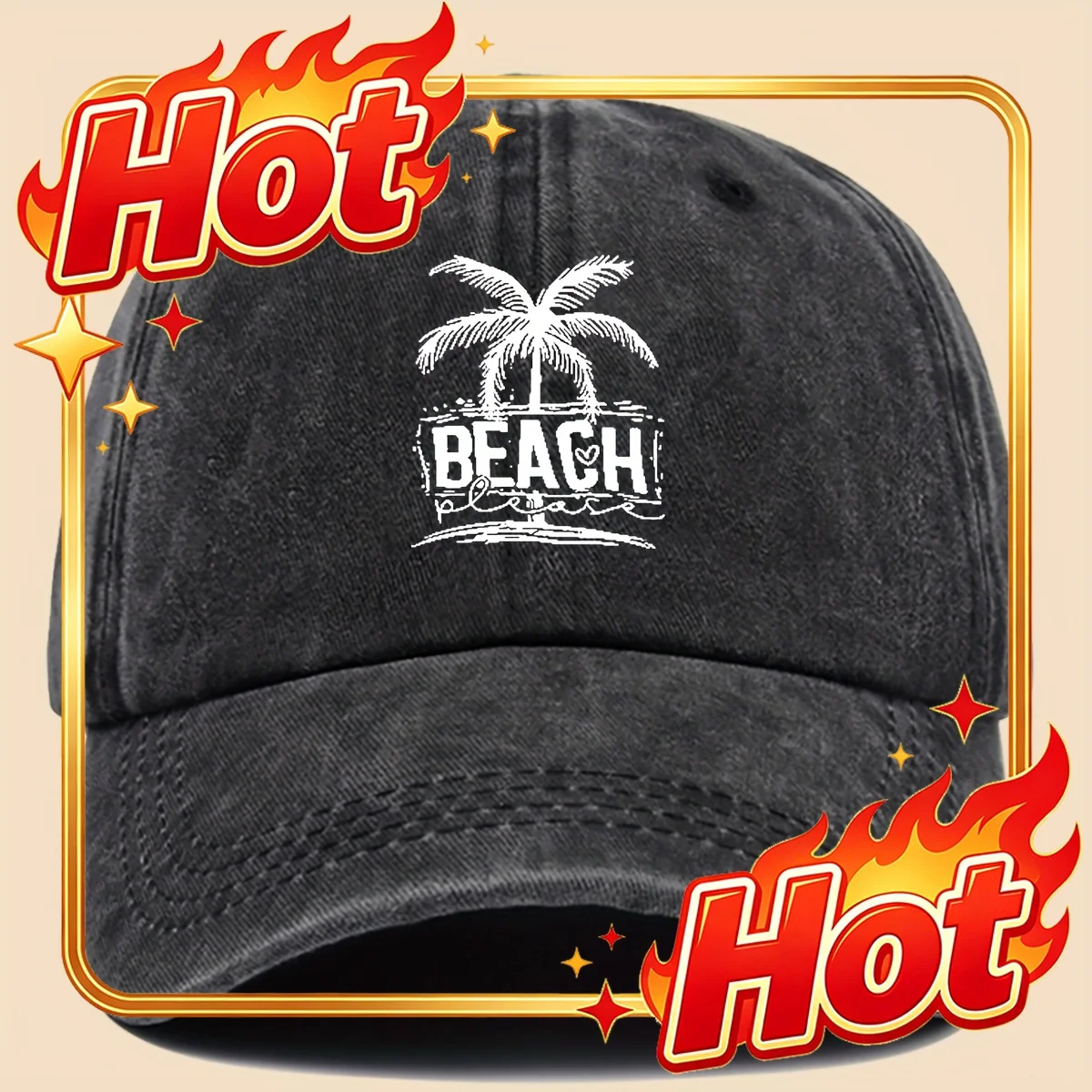 Custom Cap 1pc Unisex Washed Baseball Cap/Cool & Breezy/Tropical Palm Tree And Beach Print/Adjustable For Couples/Perfect
