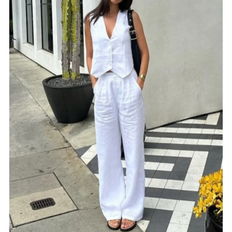 Women s  2 Piece Outfits Sleeveless V Neck Button Vest Wide Leg Pants Suit Casual Blazer Suits Summer Streetwear