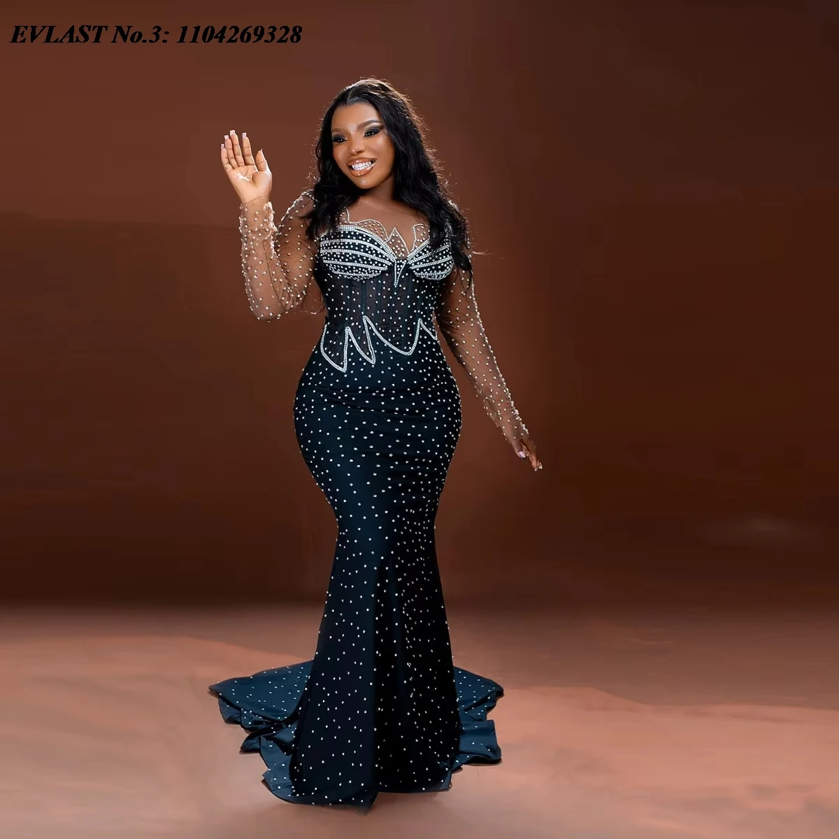 

EVLAST Customized Aso Ebi Navy Blue Mermaid Prom Dress Black Girls Long Sleeve Crystal Beaded Evening Gown Robe De Soirée E3P428