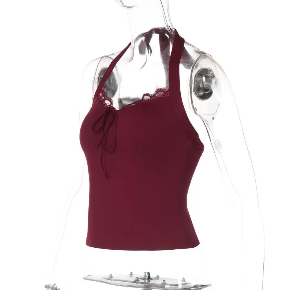 Top corto slim con scollo a V chic T-shirt con fondo all'americana con fiocco in pizzo Dolce canotta elastica con lacci Ragazza piccante