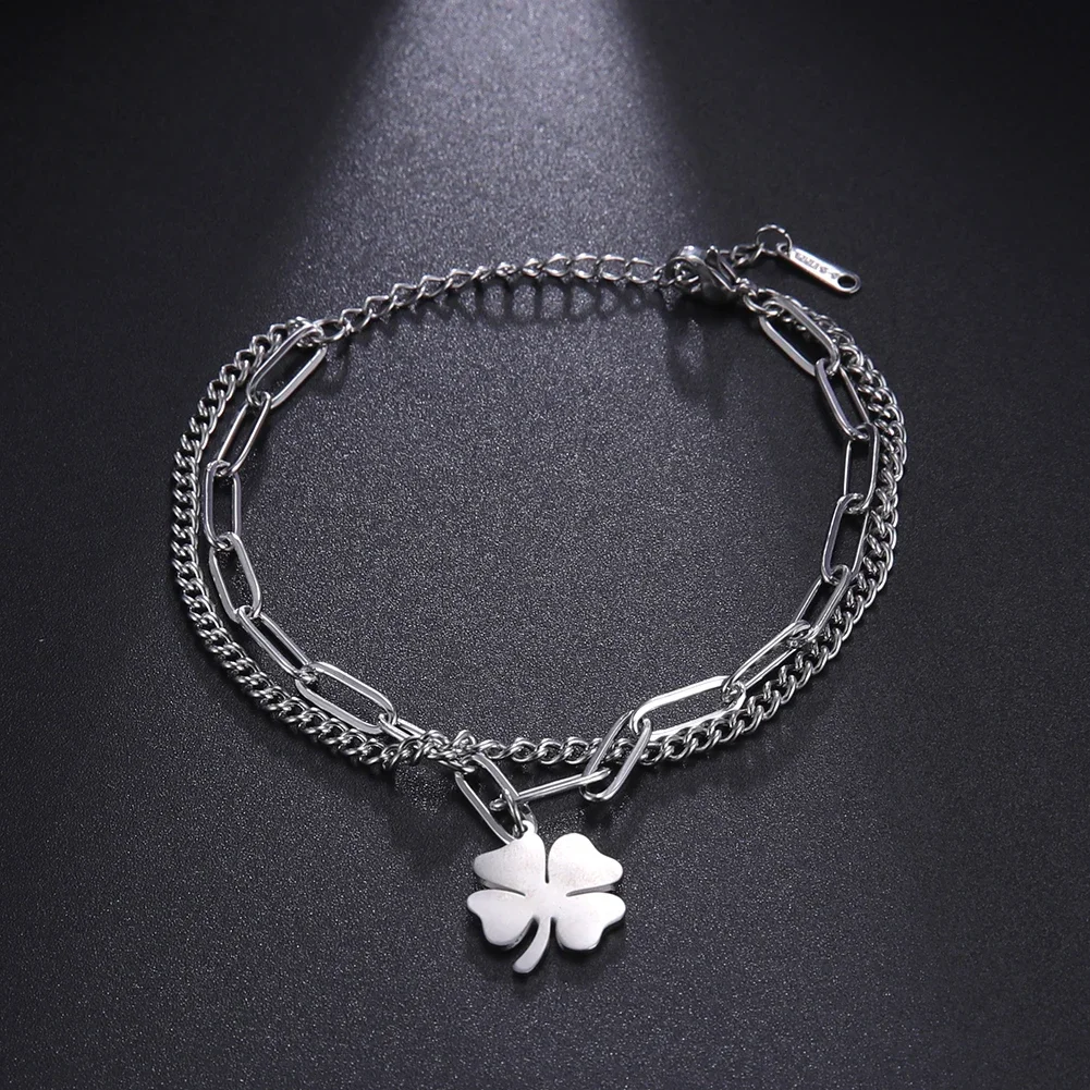 Cazador Glücksbringer Vierblättriges Kleeblatt Charm Armband Edelstahl Doppelschicht Büroklammer-Kette Armband für Damen Schmuck