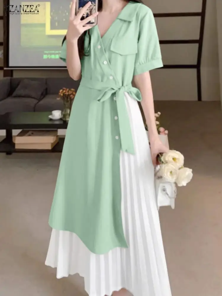 ZANZEA Abiti da festa eleganti Donna Estate Risvolto Patchwork di colore Camicia lunga Abiti con cintura Casual Ufficio Manica corta Midi Robe