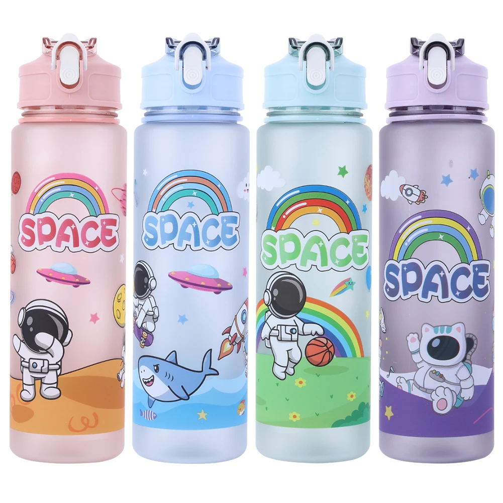 800ml Cartoon Water Bottle with Straw & Handle Astronaut Sports Bottle Large Capacity Portable Travel Bottle for Boys Girls