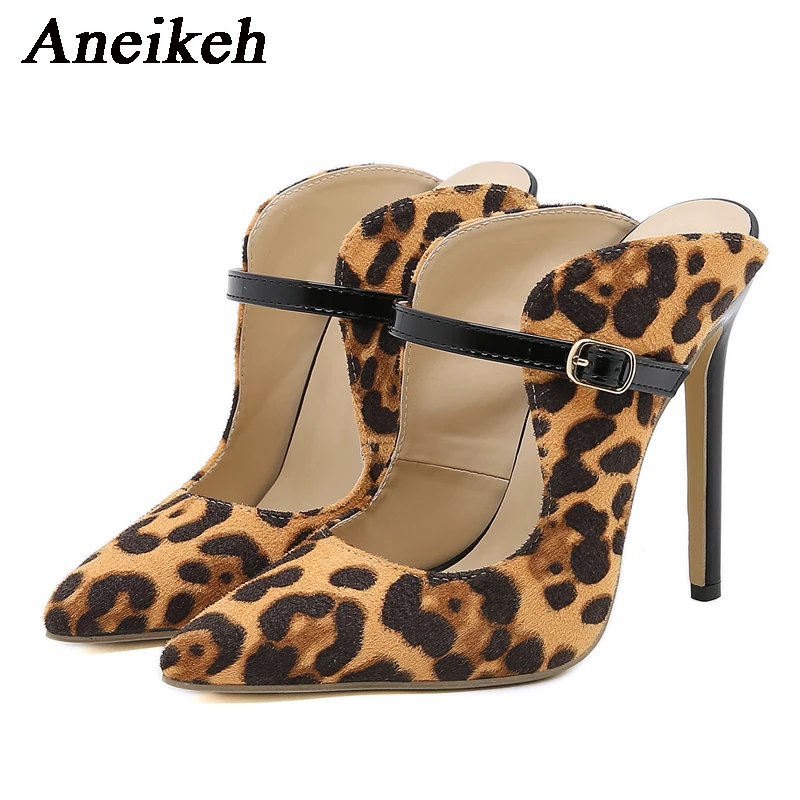 Aneikeh 2024 Spring Leopard Print New Stiletto Shoes Mules Pumps Heels Sexy Ladies Fashion High Heeled Nightclub Shoes 35-42