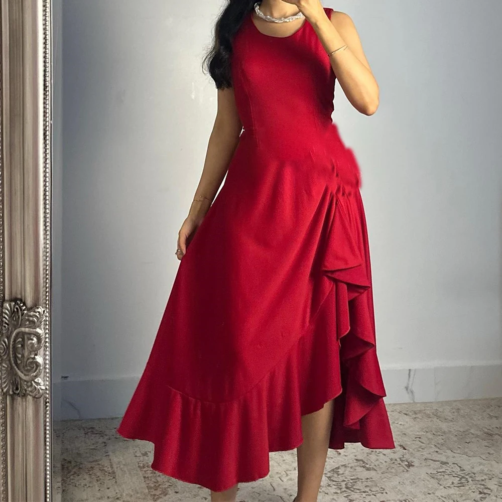 

A-Line Crew neck Spaghetti Straps Sleeveless Jersey Ankle Length Ruffles Zipper Back Solid Color Evening Dress Bespoke Occasion