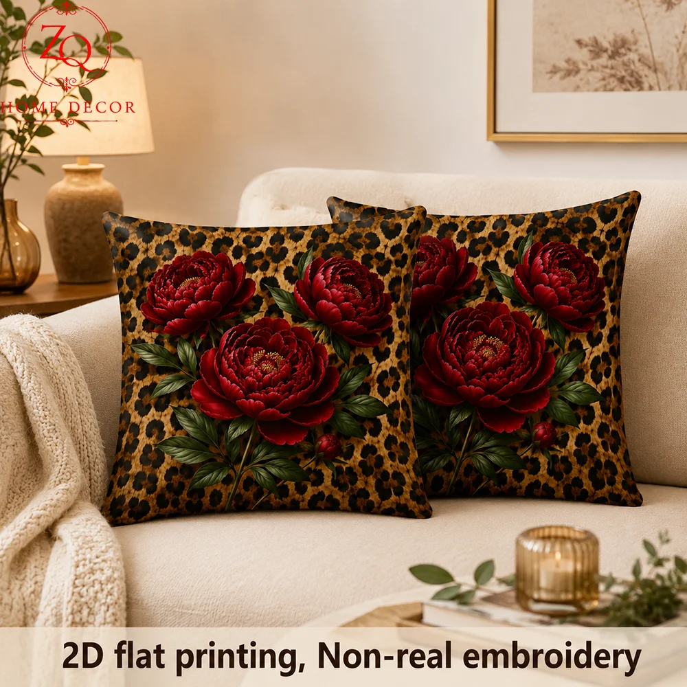 Leopard Floral Cushion Cover Peach Skin 2D Flat Printed Pillowcase Red Peony Throw Pillow Case Decor For Sofa Couch Living Room