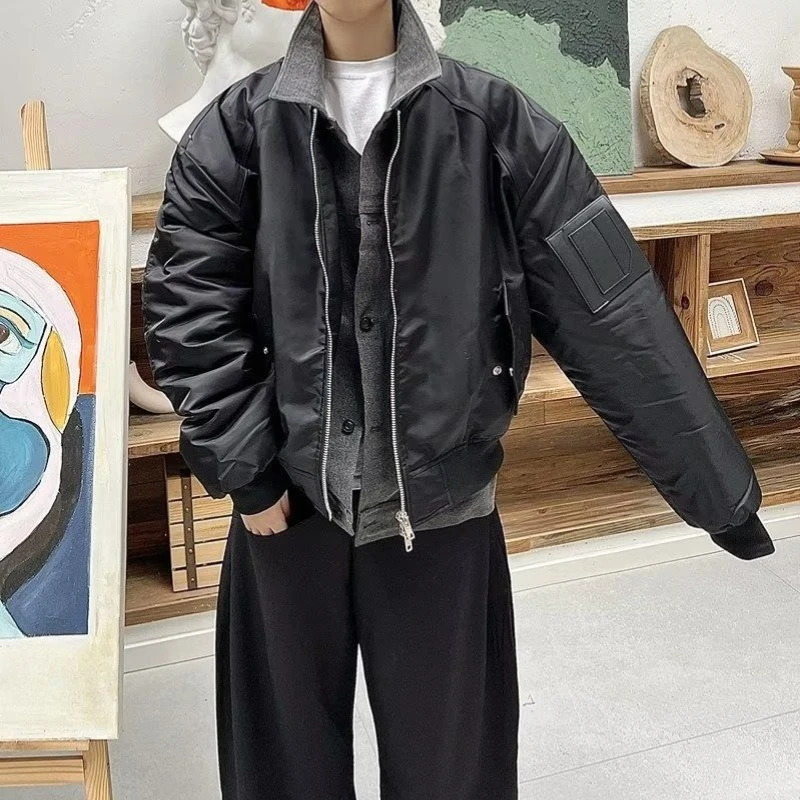 

Ins Style Men's Baseball Jacket Retro Double Layer Thermal Coat with Color Blocking Patchwork Winter Outerwear