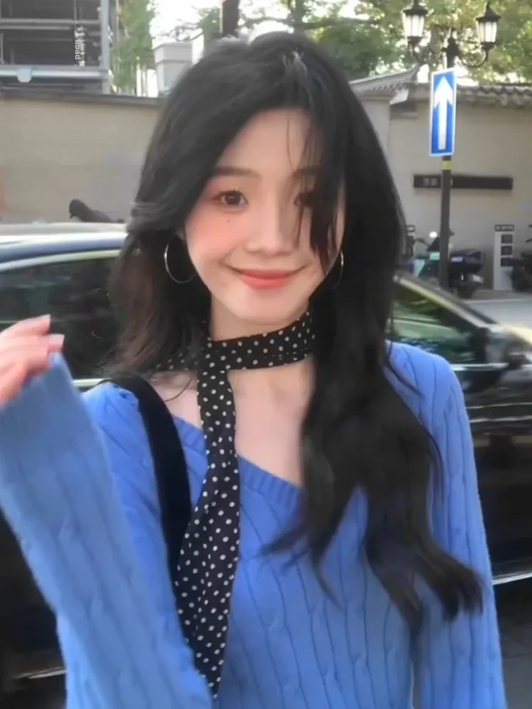 アメリカン Sle スパイシーガール ブルー V-Ne ニットセーター レディース ロング Sve インナーウェア ツイストセーター 通勤 Sle スリムフィット