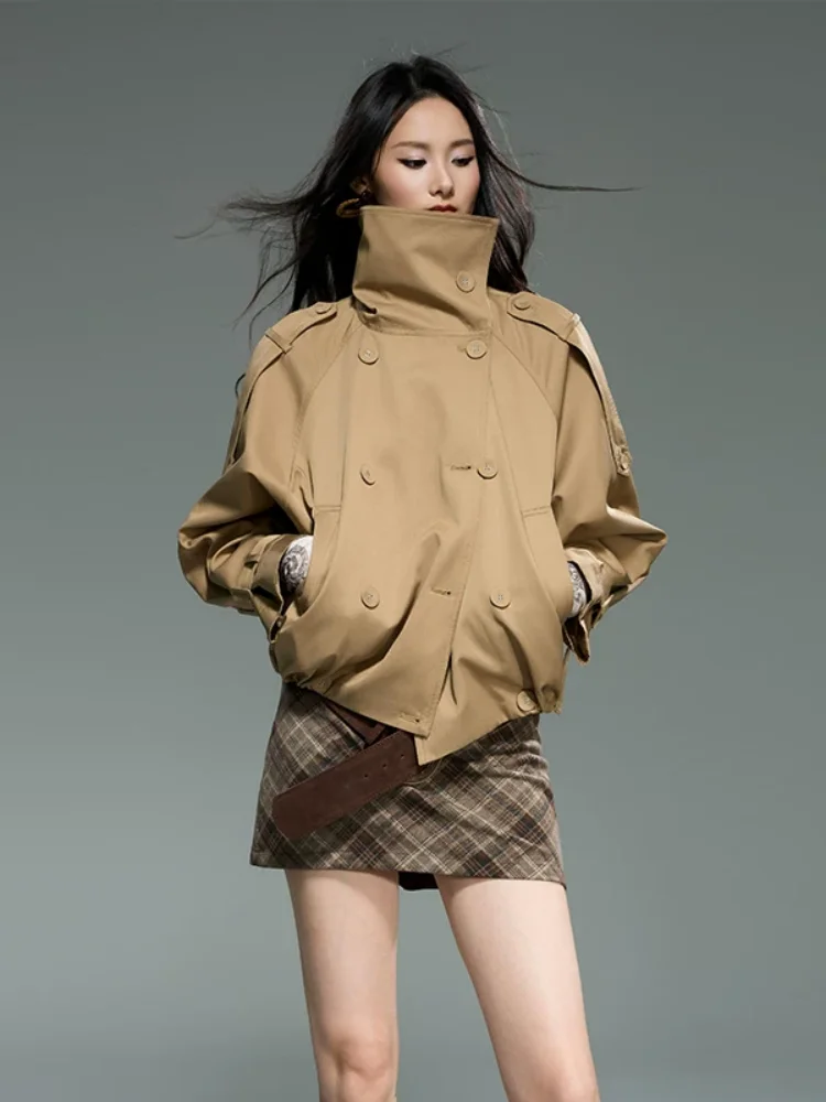 2026 Damen Schwarzer Khaki Cropped Trenchcoat Britischer Stil Stehkragen-Design Kurzer Windbreaker Petite Frühling Herbst Mode