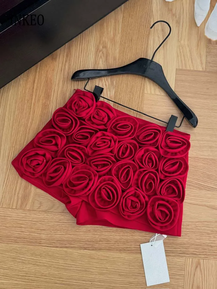 Women's Three-dimensional decoration floral shorts High street Red High waist mini skirt shorts Design 2024 Sexy INKEO 4B015